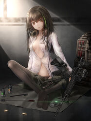  assault_rifle black_hair black_panties breasts brown_eyes brown_hair cleaning_gun cleavage clip_studio_paint_(medium) digital_media_player disassembly female girls&#039;_frontline gun headphones headphones_around_neck highres indian_style ipod ipod_nano long_hair long_sleeves looking_at_viewer m4_carbine m4a1_(girls&#039;_frontline) multicolored_hair navel open_clothes open_mouth open_shirt panties rifle shirt shumeia sitting small_breasts solo streaked_hair thighhighs underwear weapon white_shirt 