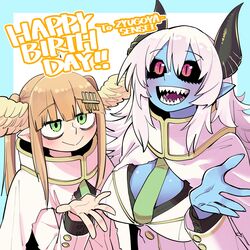  2girls absurdres ahoge angel angel_and_devil aohada_bocchi birthday black_horns blonde_hair blue_skin blush borrowed_character breasts cleavage cloak colored_skin english_text eyebrows green_eyes happy_birthday head_wings highres horns kanke_(kank06020602) large_breasts lian_(aohada_bocchi) looking_at_viewer multiple_girls necktie open_hands open_mouth pointy_ears ruri_(aohada_bocchi) school_uniform sharp_teeth smile teeth twintails white_cloak wings 