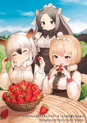  3girls animal_ears anteater_ears anteater_tail black_bow black_bowtie black_corset black_hair blonde_hair blush bow bowtie brown_eyes center_frills commentary_request corset eating food frills fruit fur_collar giant_anteater_(kemono_friends) grey_hair hair_between_eyes kemono_friends kemono_friends_3 kemono_friends_3:_planet_tours koruse long_hair long_sleeves multicolored_hair multiple_girls official_art outdoors puffy_sleeves shirt silky_anteater_(kemono_friends) smile southern_tamandua_(kemono_friends) strawberry tail translated two-tone_hair white_bow white_bowtie white_fur white_hair white_shirt 