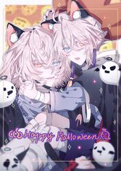  2boys absurdres aged_down alef_(sky:_children_of_the_light) animal_ears bandaged_leg bandages black_nails carrying cat_ears crossed_bangs daleth_(sky:_children_of_the_light) framed ghost glint grey_hair halo happy_halloween heterochromia highres lolicon male_focus multiple_boys nanbanchenga oerba_yun_fang princess_carry short_shorts shorts siblings sidelocks sky:_children_of_the_light sparkle twins upper_body white_hair 