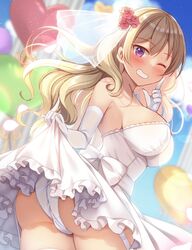  ass blue_sky blush breasts bridal_garter bridal_gauntlets bridal_veil brown_hair buttons clothes_lift commentary day dress dress_lift female flower grin hair_flower hair_ornament heart_button index_finger_raised large_breasts looking_at_viewer mori_airi one_eye_closed original outdoors panties purple_eyes rose sideboob sky smile solo standing twisted_torso underwear veil wedding_dress white_dress white_panties 