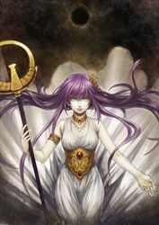  armlet athena_(saint_seiya) breasts dress eclipse female green_eyes hair_ornament holding holding_staff jewelry long_hair looking_at_viewer mamusya necklace purple_hair saint_seiya solo staff standing white_dress 