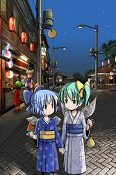  1boy 4girls animal_ears blue_eyes blue_hair bow cat_ears cat_tail chen circled_9 cirno commentary_request contemporary daiyousei eye_contact festival food fox_tail green_eyes green_hair hairbow hands_in_opposite_sleeves herringbone holding_hands japanese_clothes kimono kinchaku lamppost lantern lolicon looking_at_another morichika_rinnosuke multiple_girls multiple_tails night night_sky obi outdoors paper_lantern patchouli_knowledge pavement photoshop_(medium) popsicle pouch sash side_ponytail sixten sky smile star_(sky) summer_festival tail touhou watermelon_bar wings yakumo_ran 