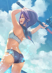  bikini commentary_request female fishing_rod purple_eyes purple_hair ryouku short_hair solo summon_night summon_night_2 swimsuit toris water 