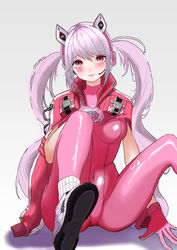  absurdres alice_(nikke) animal_ear_headphones animal_ears bare_arms blush bodysuit breasts closed_mouth dot_nose fake_animal_ears female gloves goddess_of_victory:_nikke gradient_background grey_background headphones headset highres jacket jacket_on_shoulders latex latex_bodysuit long_hair looking_at_viewer medium_breasts pink_bodysuit pink_gloves pink_hair pink_headphones raised_eyebrows ramuneogura red_eyes red_jacket shadow shiny_clothes shoes simple_background sitting skin_tight smile sneakers socks solo spread_legs twintails unworn_jacket white_background white_socks 