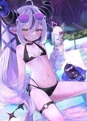  alternate_costume bikini black_bikini black_choker black_horns braid braided_bangs cherry choker commentary_request crazy_straw crow_(la+_darknesss) cup drinking_glass drinking_straw eyewear_on_head female food fruit grey_hair heart_straw highres holding holding_cup hololive horns innertube la+_darknesss long_hair looking_at_viewer multicolored_hair nail_polish navel nemuta_muu night night_sky o-ring o-ring_thigh_strap pointy_ears ponytail pool poolside purple_hair see-through see-through_shirt shirt side-tie_bikini_bottom sky solo streaked_hair striped_horns swim_ring swimsuit thigh_strap umbrella virtual_youtuber yellow_eyes 