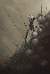  2b_(nier:automata) absurdres arm_support artist_name black_blindfold black_dress black_hairband blindfold boots breasts commentary covered_eyes dress english_commentary feather-trimmed_sleeves female fog glowing glowing_eyes grin hairband high_heel_boots high_heels highres impaled juliet_sleeves long_sleeves looking_afar machine_(nier) medium_breasts medium_hair nier:automata nier_(series) pile pile_of_corpses plant puffy_sleeves red_eyes robot science_fiction smile solo_focus spoonfishlee standing thigh_boots thighhighs thighs white_hair wide_shot 