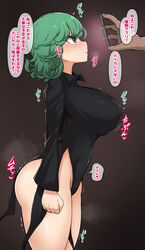  alternate_breast_size ass black_dress blush breasts cellphone closed_mouth commentary_request covered_nipples curly_hair dress female green_eyes green_hair highres huge_breasts long_sleeves mind_control one-punch_man petite phone puffy_nipples short_hair smartphone tatsumaki thighs translated trembling yamaori 