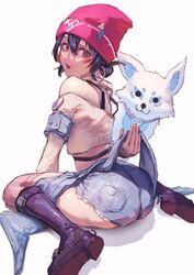  absurdres ass beanie black_hair boots crop_top denim denim_shorts facial_mark female fox from_behind hat highres kira-kira_kiriko kiriko_(overwatch) looking_at_viewer looking_back neg_(101neg) off-shoulder_shirt off_shoulder official_alternate_costume over-kneehighs overwatch overwatch_2 perfect_night_(le_sserafim) red_hat shirt short_shorts shorts simple_background sitting solo thighhighs wariza white_background white_fur white_shirt 