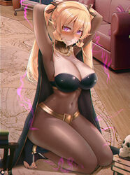  alternate_hairstyle arms_behind_head artist_name black_cape black_nails black_ribbon blonde_hair blush bodystocking book book_stack breasts bridal_legwear cape cleavage commission cosplay couch covered_navel crossed_bangs dawapat demon_girl embarrassed english_commentary female full_body hair_between_eyes hair_ribbon indoors kneeling large_breasts long_hair looking_at_viewer nail_polish nakiri_erina paid_reward_available purple_eyes ribbon shokugeki_no_souma skull tharja_(fire_emblem) tharja_(fire_emblem)_(cosplay) toenail_polish toenails twintails variant_set wooden_floor 