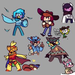  1:1 anthro avian beak bear bird blue_bottomwear blue_cape blue_clothing blue_hair blue_hat blue_headwear blue_pants blue_shirt blue_topwear blush bodily_fluids bottomwear cape chibi clothed clothing clover_(undertale_yellow) cowboy_hat dalv_(undertale_yellow) el_bailador_(undertale_yellow) eyewear fangs feathers female flower flowey_the_flower fur green_cape green_clothing group hair hat headgear headwear hi_res honeydew_shopkeeper honeydew_shopkeeper_(undertale_yellow) human humanoid limatransy male mammal martlet_(undertale_yellow) mo_(undertale_yellow) money_bag multicolored_cape multicolored_clothing narrow_hips neck_tuft pants pink_body pink_fur plant poncho procyonid raccoon red_cape red_clothing red_mask red_shirt red_topwear scarf shirt starlo_(undertale_yellow) sunglasses sweat sweatdrop teeth thigh_gap thin_calves thin_legs thin_thighs three_tone_cape tongue tongue_out topwear tuft undertale undertale_(series) undertale_yellow vampire white_clothing white_shirt white_topwear yellow_petals 