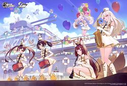  6+girls :d absurdres aiguillette akashi_(azur_lane) alternate_costume alto_saxophone amagi_(azur_lane) animal_ears anniversary azur_lane balloon banner bare_shoulders belfast_(azur_lane) bird blue_sky boots breasts brown_hair cake cannon chapayev_(azur_lane) chick clarinet closed_eyes cloud day dress drum elbow_gloves enterprise_(azur_lane) flying_sweatdrops food fox_ears fox_girl fox_tail gloves gold_trim hair_rings highres instrument jean_bart_(azur_lane) knee_boots laffey_(azur_lane) large_breasts lifebuoy littorio_(azur_lane) long_hair looking_at_viewer manjuu_(azur_lane) military military_vehicle multiple_girls multiple_tails music ning_hai_(azur_lane) official_art open_mouth outdoors panda ping_hai_(azur_lane) playing_instrument prinz_eugen_(azur_lane) purple_eyes purple_hair rabbit_ears railing red_eyes saint-louis_(azur_lane) salute saxophone second-party_source ship sky sleeveless sleeveless_dress smile smoking_pipe squatting standing stuffed_winged_unicorn swim_ring table tail thighs tiara timbougami trombone trumpet turret twintails u-556_(azur_lane) u-81_(azur_lane) very_long_hair watercraft watermark white_dress white_footwear white_gloves white_hair white_headwear white_uniform 