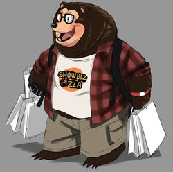  anthro backpack bear billy_bob_brockali bracelet brown_bear clock clothed clothing creative_engineering_incorporated digital_media_(artwork) english_text eyewear flannel fur glasses grey_background grizzly_bear hi_res jewelry kotobuki529 male mammal overweight overweight_male shirt shopping shopping_bag showbiz_pizza_place simple_background smile solo text text_on_clothing text_on_shirt text_on_topwear the_rock-afire_explosion topwear ursine watch 