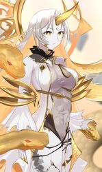  bare_shoulders blonde_hair bodysuit breasts clothing_cutout commentary covered_navel cowboy_shot female fire_emblem fire_emblem_heroes forehead_jewel gold_horns gold_trim gradient_clothes grey_bodysuit grey_hair gullveig_(fire_emblem) highres horns large_breasts long_hair long_sleeves multicolored_hair ondur pale_skin simple_background single_horn snake snake_hair solo thigh_cutout thighs two-tone_hair very_long_hair yellow_eyes yellow_horns 