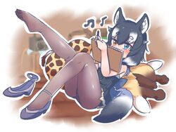  2girls absurdres animal_ears animal_print back_bow bare_shoulders black_dress black_pantyhose blonde_hair blue_eyes blush bow brown_hair chai_chai_huishi dress feet giraffe_ears giraffe_horns giraffe_print giraffe_tail grey_hair grey_wolf_(kemono_friends) hair_between_eyes heterochromia highres horns kemono_friends kemono_friends_3 long_hair looking_at_viewer lying multicolored_hair multiple_girls notepad official_alternate_costume on_side pantyhose pencil print_skirt reticulated_giraffe_(kemono_friends) shoes sidelocks single_shoe sitting skirt tail two-tone_dress white_dress white_hair wolf_ears wolf_girl wolf_tail yellow_eyes 