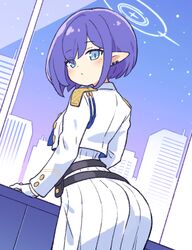  aoi_(blue_archive) ass ass_focus belt blue_archive blue_eyes cityscape dress ear_piercing elf female from_behind gloves hair_between_eyes halo highres jacket long_sleeves military_uniform night night_sky onyhakase piercing pleated_dress pointy_ears purple_hair short_hair skirt sky uniform white_dress white_gloves white_jacket 