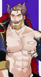  1boy abs absurdres bara beard bergamond_(crave_saga) chest_hair collarbone colored_sclera crave_saga demon_horns elbow_gloves eyebrow_cut facial_hair fingerless_gloves gloves grabbing highres horns jewelry large_pectorals long_hair looking_at_viewer male_focus mature_male moustache multicolored_hair muscular muscular_male naughty_face navel_hair nipple_piercing nipple_rings nipples official_alternate_costume open_clothes pectoral_grab pectorals piercing ponytail purple_background purple_hair smile solo thick_eyebrows thick_mustache tongue tongue_out two-tone_hair unfinished usuki_(usukine1go) yellow_eyes yellow_sclera 