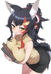  alternate_costume animal_ear_fluff animal_ears black_hair black_skirt blush book breast_press breasts female hair_between_eyes hair_ornament hairclip highres hiroikara_(smhong04) holding holding_book hololive hugging_book hugging_object large_breasts leaning_forward long_hair looking_at_viewer multicolored_hair ookami_mio parted_lips pencil_skirt ponytail red_hair sidelocks simple_background skirt sleeveless sleeveless_sweater solo streaked_hair sweatdrop sweater tail turtleneck turtleneck_sweater upper_body virtual_youtuber white_background wolf_ears wolf_girl wolf_tail yellow_eyes yellow_sweater 