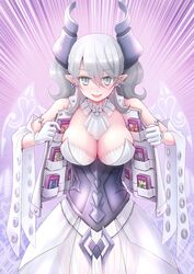  akisame_rizu armored_corset breasts card cleavage demon_girl demon_horns demon_wings dress duel_monster emphasis_lines female grey_eyes grey_hair highres horns large_breasts looking_at_viewer lovely_labrynth_of_the_silver_castle open_clothes open_vest pointy_ears smile solo standing trading_card trap_hole twintails vest white_dress wings yu-gi-oh! 