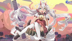  +_+ absurdres artist_request azur_lane blue_eyes brown_footwear dark-skinned_female dark_skin female hair_between_eyes heterochromia highres horns indianapolis_(at_school_with_my_sister...)_(azur_lane) indianapolis_(azur_lane) long_hair looking_at_viewer official_alternate_costume official_art promotional_art rainbow red_horns red_skirt school_uniform shoes short_sleeves skirt solo thighhighs twintails very_long_hair white_hair white_thighhighs yellow_eyes 