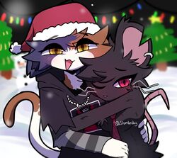  2023 absurd_res anthro artist_name black_body black_clothing black_fur blurred_background blush blush_lines brown_body brown_fur calico_cat camille_(fortnite) cel_shading christmas christmas_clothing christmas_headwear christmas_lights christmas_tree clothing domestic_cat duo ear_piercing english_description epic_games felid feline felis female female/female fortnite fur hand_on_hip hat head_on_chest headgear headwear hi_res holidays hug mammal meow_skulls_(fortnite) mostly_nude multicolored_body multicolored_fur murid murine narrowed_eyes necktie necktie_only notched_ear one_eye_closed open_:3 open_mouth open_smile piercing pink_eyes plant portrait print_clothing print_topwear purple_body purple_fur rat rodent santa_hat shaded size_difference slumberdoq smile snow snowman tail three-quarter_portrait topwear tree white_body white_fur winter yellow_eyes 