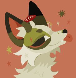  2023 ambiguous_form ambiguous_gender birdpaw_(artist) black_eyes blep canid canine cel_shading digital_media_(artwork) dipstick_ears ear_markings fangs fox fungus fur green_body green_ears green_fur headshot_portrait hi_res icon inner_ear_fluff lineless mammal multicolored_ears mushroom orange_background orange_eyelids orange_inner_ear orange_tongue portrait shaded simple_background smile solo tan_body tan_fur tan_inner_ear_fluff teeth tongue tongue_out tuft two_tone_ears 