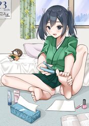  applying_pedicure barefoot bed black_eyes black_hair character_doll clipping_toenails curtains feet female foot_focus green_hakama green_kimono hakama hakama_short_skirt hakama_skirt highres hiryuu_(kancolle) japanese_clothes kantai_collection kimono long_hair nail_clippers nail_polish_bottle panties pantyshot paper shiratsuki_azu sitting skirt soles solo souryuu_(kancolle) tissue_box toes twintails underwear white_panties window 