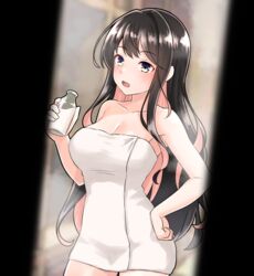  after_bathing black_hair bottle breasts cleavage colored_inner_hair female furaggu_(frag_0416) highres holding holding_bottle kantai_collection large_breasts long_hair milk_bottle multicolored_hair naganami_(kancolle) naked_towel open_mouth pink_hair solo towel two-tone_hair wavy_hair white_towel yellow_eyes 