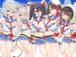  5girls :d ;d \n/ \o/ animal_ears arato_asato armpit_crease armpits arms_up balloon belt belt_bow bikini bikini_skirt black_belt black_eyes black_hair blue_scrunchie blue_skirt blue_sky blunt_bangs blush bow bow_bikini breasts brown_eyes brown_hair cat_ears cherry_hat_ornament cleavage closed_mouth cloud commentary_request confetti cowlick curtained_hair davi_artman demon_horns demon_tail frilled_bikini_top green_eyes grey_hair hair_between_eyes hair_ornament hair_scrunchie hairbow hairclip hand_on_own_cheek hand_on_own_face hand_on_own_hip hand_up hat heart-shaped_ornament himeno_momo horn_scrunchie horns huge_breasts indie_virtual_youtuber large_breasts leg_up letter_hair_ornament long_hair looking_at_viewer low_twintails lowleg lowleg_skirt medium_breasts microphone microskirt mole mole_on_breast mole_under_eye multicolored_hair multiple_girls navel neckerchief neckerchief_between_breasts oerba_yun_fang official_art one_eye_closed open_mouth outstretched_arms pink_eyes pleated_skirt red_bow red_eyes red_hair red_neckerchief sailor_collar sailor_hat scrunchie shouting_with_hands skindentation skirt sky slides small_breasts smile sopra_amane stage_lights standing standing_on_one_leg streaked_hair swept_bangs swimsuit tail tama_project teeth thick_eyebrows thigh_strap thighs truss tsumuki_sakura twintails two-tone_hair upper_teeth_only virtual_youtuber white_bikini white_bow white_footwear white_headwear white_scrunchie wrist_scrunchie x_hair_ornament yamada_tutur 