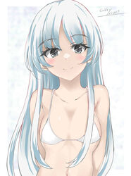  arms_behind_back bikini breasts collarbone female gakky grey_hair highres kantai_collection looking_at_viewer shirakumo_(kancolle) small_breasts smile solo swimsuit upper_body white_bikini white_hair 