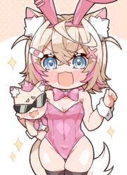  animal_ear_fluff animal_ears arm_up bare_shoulders black_thighhighs blonde_hair blue_eyes blush bow bowtie breasts canine commentary covered_navel detached_collar dog_ears dog_girl dog_tail english_commentary fake_animal_ears female groin hair_ornament hairclip hand_on_own_hip highleg highleg_leotard highres hololive hololive_english kukie-nyan leotard mococo_abyssgard oerba_yun_fang open_mouth pink_leotard playboy_bunny rabbit_ears ruffian_(fuwamoco) short_hair smile strapless strapless_leotard sunglasses tail thighhighs thighs virtual_youtuber wrist_cuffs 