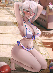  arms_behind_head asymmetrical_hair ball beachball bikini bottle breasts cleavage coach collarbone commission dawapat female full_body grey_hair highres indoors kneeling large_breasts looking_at_viewer nakiri_alice navel parted_lips pubic_tattoo red_eyes shokugeki_no_souma short_hair smile solo swimsuit tattoo thighs toes tsurime white_bikini wooden_floor 