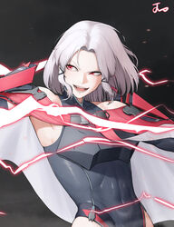  arm_up armor armored_leotard black_background black_leotard breasts cape covered_navel drake_(nikke) earrings female goddess_of_victory:_nikke hair_ornament hairclip highleg highleg_leotard highres jewelry leotard noorung open_mouth parted_bangs red_cape red_eyes short_hair sidelocks single_earring smile solo standing teeth upper_body white_hair 