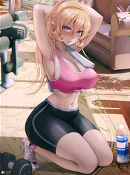  armpits arms_behind_head artist_name bike_shorts black_shorts blonde_hair blush bottle breasts cleavage closed_mouth commission couch crossed_bangs dawapat dumbbell english_commentary exercise_machine female full_body hair_between_eyes indoors kneeling large_breasts long_hair looking_at_viewer mole mole_on_breast nakiri_erina navel paid_reward_available pink_sports_bra purple_eyes shoes shokugeki_no_souma shorts sneakers sports_bra towel_on_one_shoulder variant_set water_bottle wooden_floor 