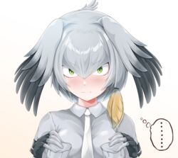  ... absurdres bird_wings blonde_hair breast_pocket breasts closed_mouth collared_shirt female fingerless_gloves gloves gradient_background green_eyes grey_hair grey_shirt hair_between_eyes hands_on_own_chest head_wings highres kemono_friends long_bangs long_hair looking_at_viewer muki_(munikichan) multicolored_hair necktie pocket shirt shoebill_(kemono_friends) side_ponytail solo straight-on upper_body white_necktie wing_collar wings 