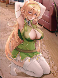  armpits arms_behind_head artist_name belt blonde_hair boots braid breasts bridal_gauntlets brown_belt cleavage cleavage_cutout clothing_cutout coach collar commission cosplay crossed_bangs dawapat dress elbow_gloves elf english_commentary fake_elf_ears female full_body gloves green_dress hair_between_eyes high_heel_boots high_heels indoors kneeling large_breasts licking_lips long_hair looking_at_viewer metal_collar nakiri_erina paid_reward_available pointy_ears purple_eyes shera_l._greenwood shokugeki_no_souma sleeveless sleeveless_dress thigh_boots tongue tongue_out twin_braids variant_set white_footwear white_gloves wooden_floor 