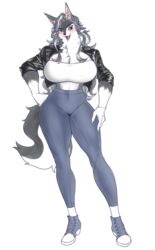  anthro athletic athletic_female big_breasts black_clothing black_leather_jacket black_sclera blush bottomwear breasts canid canine canis clothing curvy_figure dark_pupils female footwear full-length_portrait fur grey_body grey_fur grey_hair hair hand_on_butt hi_res inner_ear_fluff jacket jessica_(noruru3737) leather leather_clothing leather_jacket leather_topwear long_hair mammal multicolored_body multicolored_fur muscular muscular_female navel_outline neck_tuft noruru3737 pants portrait shoes simple_background sneakers solo tail topwear tube_top tuft two_tone_body two_tone_fur two_tone_tail wolf yellow_eyes 