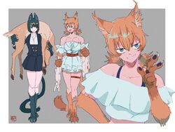  2girls :d animal animal_ear_fluff animal_ears animal_feet animal_hands bare_shoulders belt black_hair black_jacket black_skirt blue_eyes bob_cut carrying cat_ears cat_girl cat_tail check_copyright copyright_request crop_top dead_animal deer detached_sleeves dress ear_piercing fireman&#039;s_carry frills frown grey_background halterneck hand_up hands_up high-waist_skirt highres holding holding_animal jacket long_sleeves looking_at_another looking_at_viewer looking_to_the_side low_twintails miniskirt monster_girl multiple_girls off-shoulder_shirt off_shoulder orange_hair original outside_border piercing prussiancatdog shirt short_dress short_hair short_sleeves skindentation skirt slit_pupils smile smirk tail thigh_belt thigh_strap toned twintails upper_body w white_dress white_shirt 