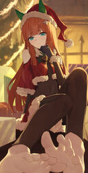  absurdres animal_ears barefoot bell black_bodysuit black_leggings blush bodysuit capelet christmas christmas_tree closed_mouth covered_navel ear_covers feet female foot_focus foreshortening green_eyes hat highres horse_ears horse_girl knees_up leggings long_hair looking_at_viewer ningen_gokko orange_hair pom_pom_(clothes) red_capelet red_hat santa_costume santa_hat silence_suzuka_(umamusume) soles solo spread_toes toenails toes umamusume 