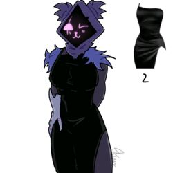  1:1 anthro armor bear black_clothing black_dress claws clothing dress epic_games feathers female fortnite gauntlets gloves handwear headgear headwear hi_res leg_grab mammal metal metal_claws pink_eyes pink_face purple_body purple_clothing purple_headwear purple_hood purple_skin raven_team_leader signature simple_background solo thigh_grab towowada white_background 