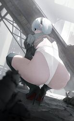  2b_(nier:automata) absurdres ass back_cutout black_blindfold black_footwear black_hairband blindfold boots clothing_cutout covered_eyes day feather-trimmed_sleeves female from_behind hairband high_heel_boots high_heels highres kikiis_art leotard nier:automata nier_(series) outdoors short_hair solo squatting thigh_boots white_hair white_leotard 