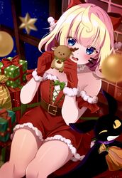  absurdres bare_shoulders black_cat blonde_hair blue_eyes blush breasts christmas christmas_ornaments christmas_present christmas_tree dress feline female fur-trimmed_dress fur-trimmed_gloves fur_trim gift gloves highres holding holding_stuffed_toy indoors kano3 looking_at_viewer millie_parfait nijisanji nijisanji_en off-shoulder_dress off_shoulder open_mouth red_dress red_gloves santa_costume santa_dress santa_gloves sitting small_breasts solo stuffed_toy virtual_youtuber 