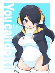  black_hair black_sweater breasts brown_eyes emperor_penguin_(kemono_friends) female hair_over_one_eye headphones highres kanimiso_na_double kemono_friends leotard looking_at_viewer open_mouth sweater thighhighs white_leotard 