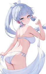  absurdres arched_back armpit_crease ass back bikini blue_eyes blue_hair blunt_bangs blunt_tresses blush bow breasts commentary_request curvy eyelashes female floating_hair flower_knot from_behind genshin_impact hair_tubes hairbow hand_up highres holding_sarong kamisato_ayaka leaning_forward light_blue_hair long_hair looking_at_viewer looking_back medium_breasts mole mole_under_eye patreon_username ponytail rosumerii sarong seductive_smile shoulder_blades side-tie_bikini_bottom sideboob sidelighting simple_background smile solo swimsuit tsurime unworn_sarong white_background white_bikini white_bow white_sarong 