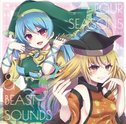  2girls album_cover album_name apron arm_ribbon black_headwear blonde_hair blue_hair blush breasts chisel commentary_request constellation constellation_print cover detached_sleeves dress green_apron green_headwear green_scarf hair_between_eyes haniyasushin_keiki hat head_scarf jewelry long_hair long_sleeves looking_at_viewer magatama magatama_necklace matara_okina multiple_girls necklace open_mouth orange_sleeves orange_tabard ribbon scarf sideboob smile subaru_(subachoco) sun_symbol tabard tools touhou wide_sleeves wood_carving_tool yellow_dress yellow_eyes 