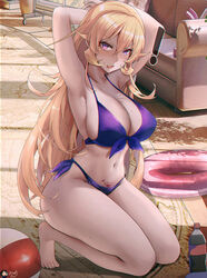  ! arms_behind_head artist_name ball beachball bikini blonde_hair bottle breasts cleavage commission couch crossed_bangs dawapat english_commentary female full_body hair_between_eyes indoors innertube kneeling large_breasts long_hair looking_at_viewer mole mole_on_breast nakiri_erina navel open_mouth paid_reward_available pubic_tattoo purple_bikini purple_eyes shokugeki_no_souma side-tie_bikini_bottom swim_ring swimsuit tattoo thighs toes wooden_floor 