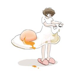  brown_hair egg_yolk female food fried_egg full_body highres holding_eggshell looking_down marui_michi original oversized_food oversized_object panties pink_footwear shadow shirt short_hair short_sleeves simple_background slippers solo standing underwear white_background white_shirt 