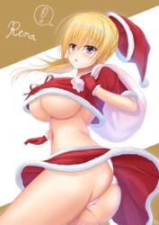  ! alternate_costume ass bag blonde_hair blush breasts cameltoe character_name christmas clothes_lift commentary_request cowboy_shot cropped_shirt curvy eyes_visible_through_hair female floating_hair from_side fur-trimmed_gloves fur-trimmed_shirt fur-trimmed_skirt fur-trimmed_sleeves fur_trim gift_bag gloves hair_between_eyes hand_up hat highres holding holding_bag huge_breasts lena_liechtenauer long_hair looking_at_viewer navel open_mouth paid_reward_available panties purple_eyes red_shirt red_skirt rio_(lio_yuzu) santa_costume santa_gloves santa_hat senren_banka shirt short_sleeves signature simple_background skirt skirt_lift solo spoken_exclamation_mark standing two-tone_background underboob underwear unworn_headwear white_background white_panties wind wind_lift yellow_background 