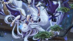  azur_lane black_footwear blue_butterfly boots breasts bug butterfly female flower hair_over_one_eye haneru highres japanese_clothes kimono large_breasts long_hair long_sleeves official_art platform_boots platform_footwear purple_eyes purple_hair second-party_source solo unzen_(azur_lane) upside-down very_long_hair white_flower white_hair white_kimono wide_sleeves 