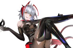  +_+ absurdres ahoge ambience_synesthesia antenna_hair arknights armpit_crease belt belt_buckle black_belt black_dress black_gloves black_thighhighs breasts brown_pantyhose buckle chest_belt chest_strap cleavage cleavage_cutout clothing_cutout commentary crossed_legs demon_girl demon_horns demon_tail domino_mask dress dyed_ahoge elbow_gloves eugle_na eyelashes feet_out_of_frame female from_side gloves grey_hair hand_on_own_leg hands_up happy hatching_(texture) head_tilt high_belt highres holding holding_mask horns invisible_floor knee_up knees latex latex_thighhighs leaning leaning_back leather_belt legs linear_hatching long_sleeves looking_at_viewer looking_to_the_side mask medium_breasts multiple_belts o-ring official_alternate_costume open_mouth outstretched_arm pantyhose popped_collar red_horns red_tail see-through see-through_cleavage shiny_clothes shiny_legwear short_dress short_hair simple_background single_bare_shoulder single_elbow_glove single_sleeve sitting smile solo tail teeth thighhighs thighs torn_clothes torn_pantyhose two-sided_dress two-sided_fabric underbust upper_teeth_only w_(arknights) w_(wanted)_(arknights) white_background yellow_eyes 